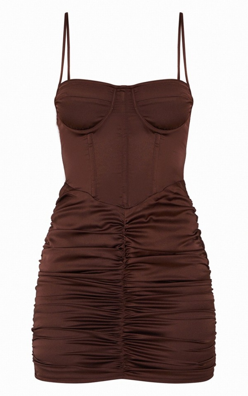 Chocolate Pretty Little Thing Satin Strappy Corset Detail Ruched Bodycon Skirts | NRYWKVS-65