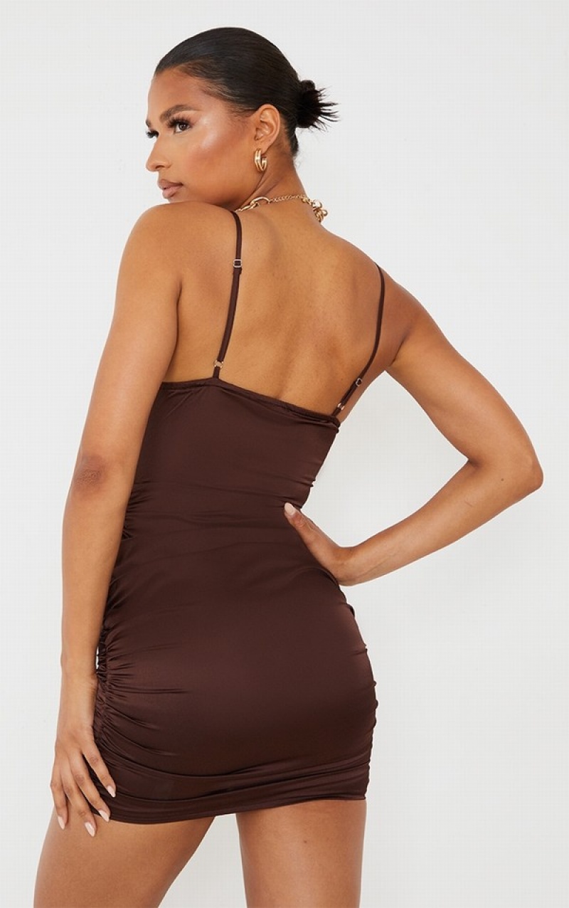 Chocolate Pretty Little Thing Satin Strappy Corset Detail Ruched Bodycon Skirts | NRYWKVS-65