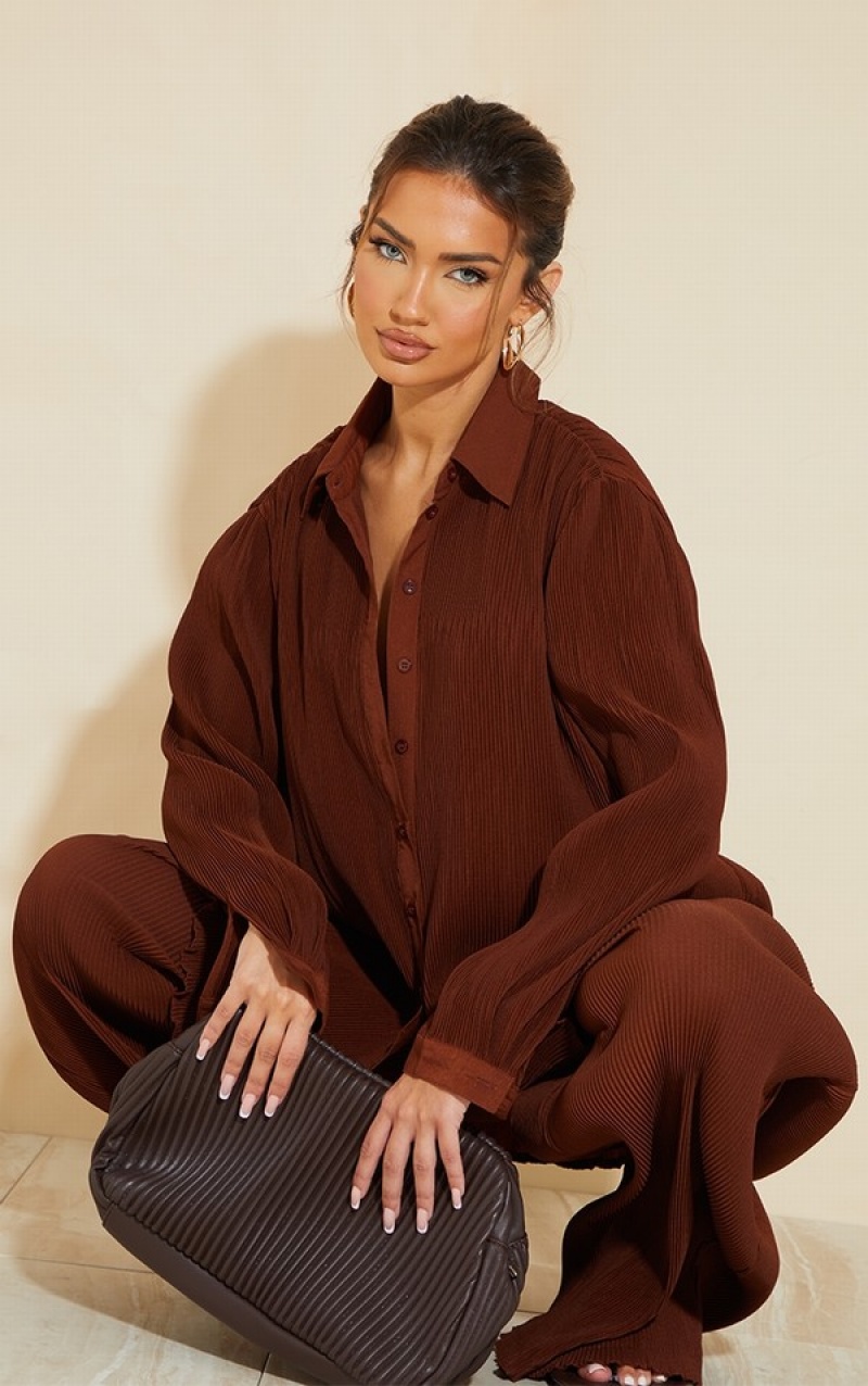 Chocolate / Brown Pretty Little Thing Plisse Button Front Oversized Shirts | XAZMNWF-43