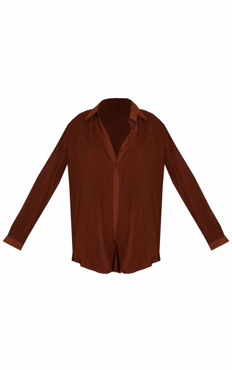 Chocolate / Brown Pretty Little Thing Plisse Button Front Oversized Shirts | XAZMNWF-43