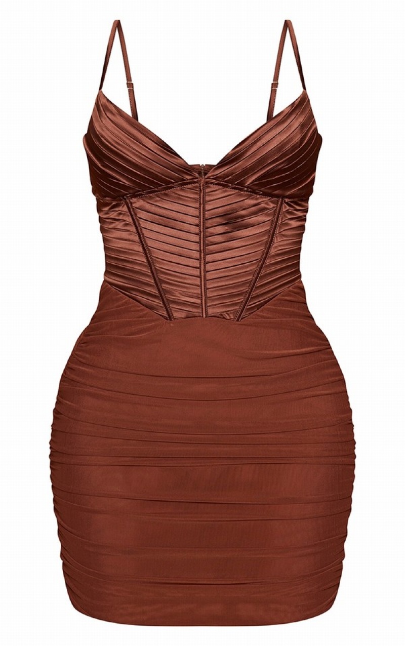 Chocolate / Brown Pretty Little Thing Shape Satin Pleat Detail Corset Bodycon Dresses | QGBFTMD-35