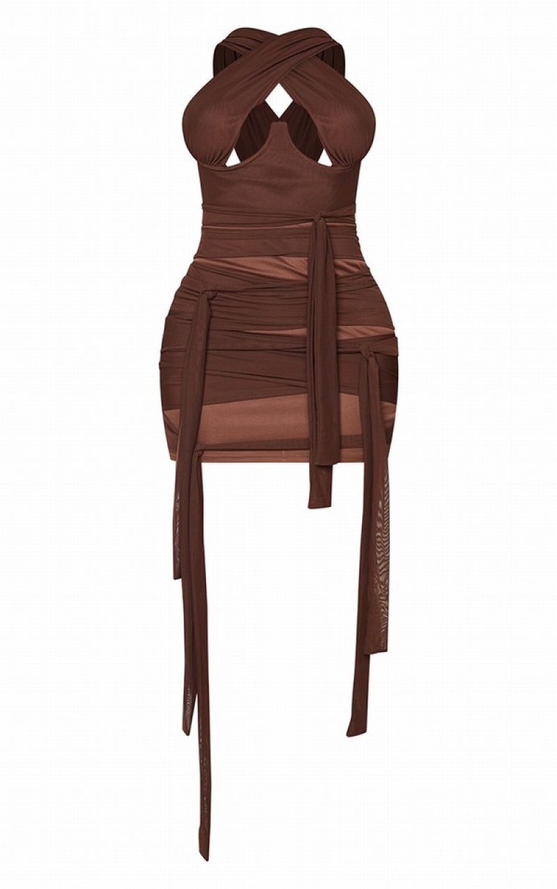 Chocolate / Brown Pretty Little Thing Shape Mesh Wrap Neck Tie Detail Bodycon Dresses | TYHFPWZ-87