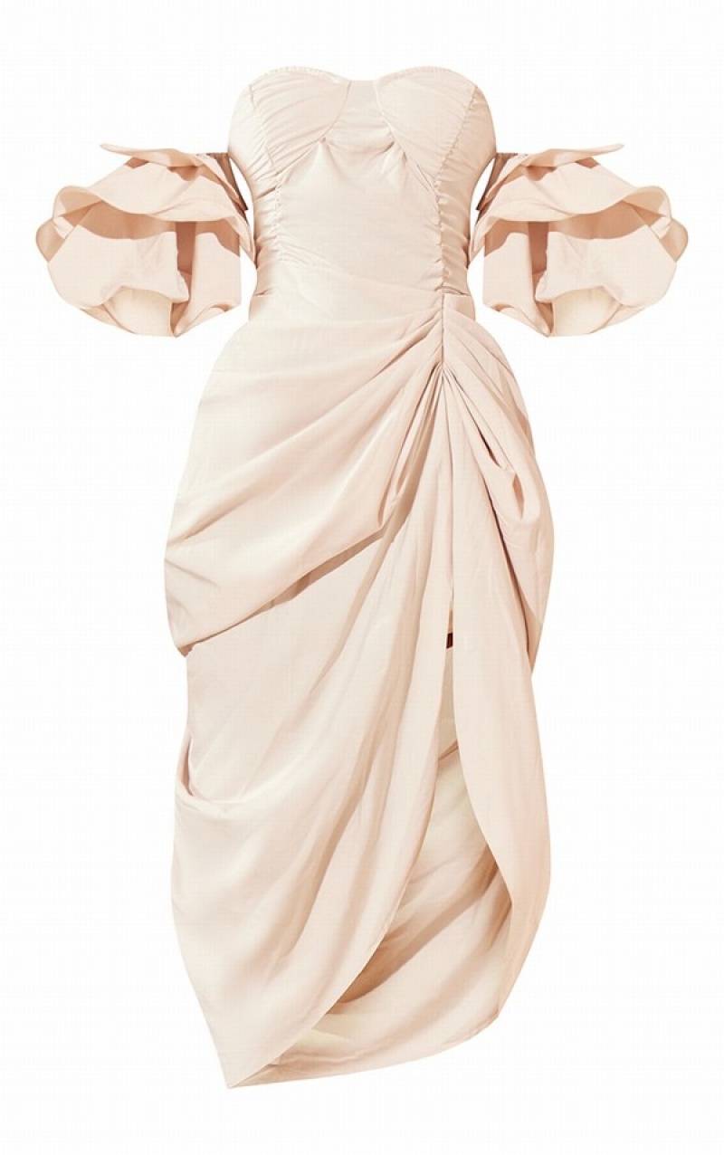 Cream Pretty Little Thing Bardot Frill Sleeve Draped Dresses | JKEQUSI-91