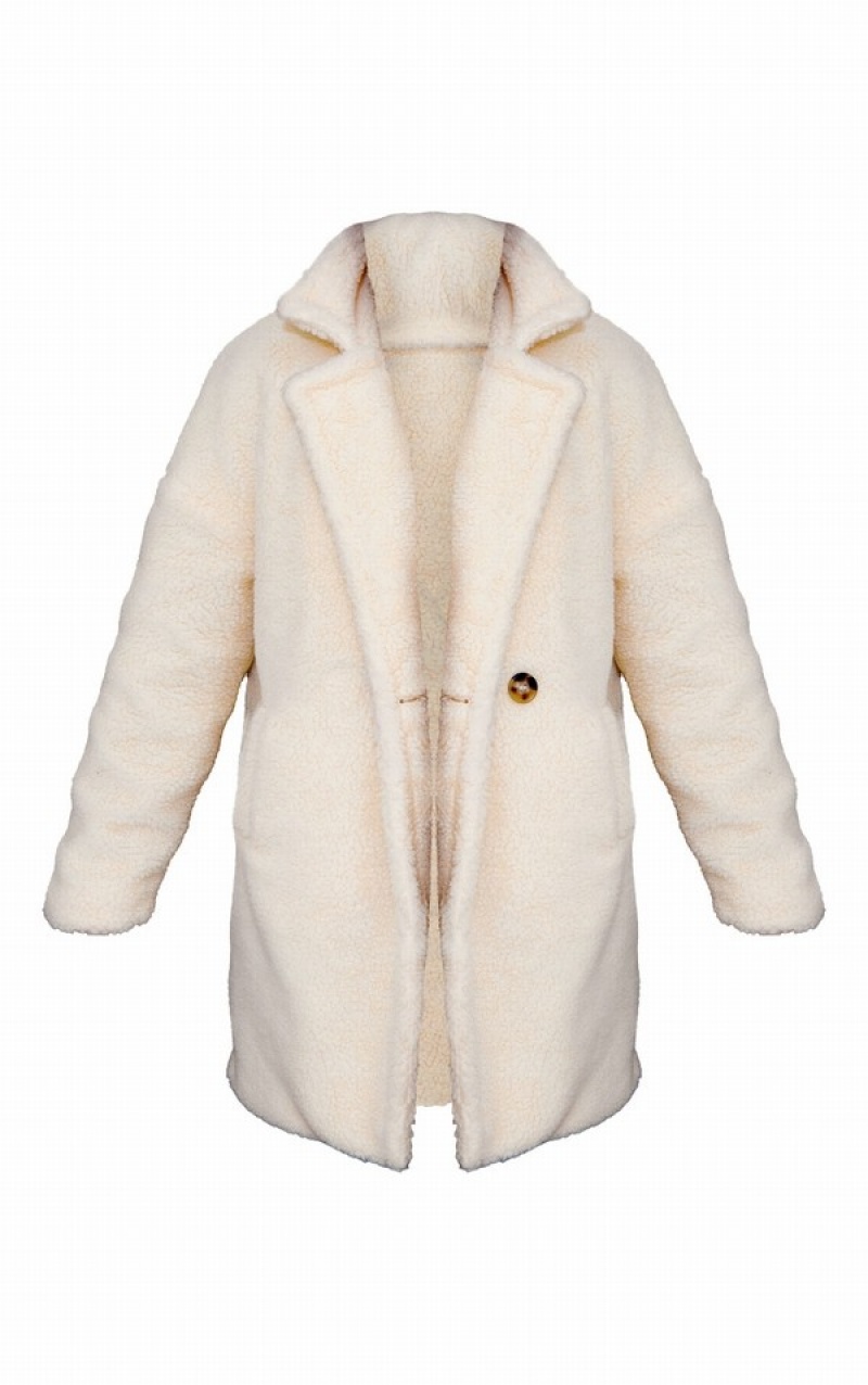 Cream Pretty Little Thing Borg Lapel Drop Arm Coats | DBQEXHR-94