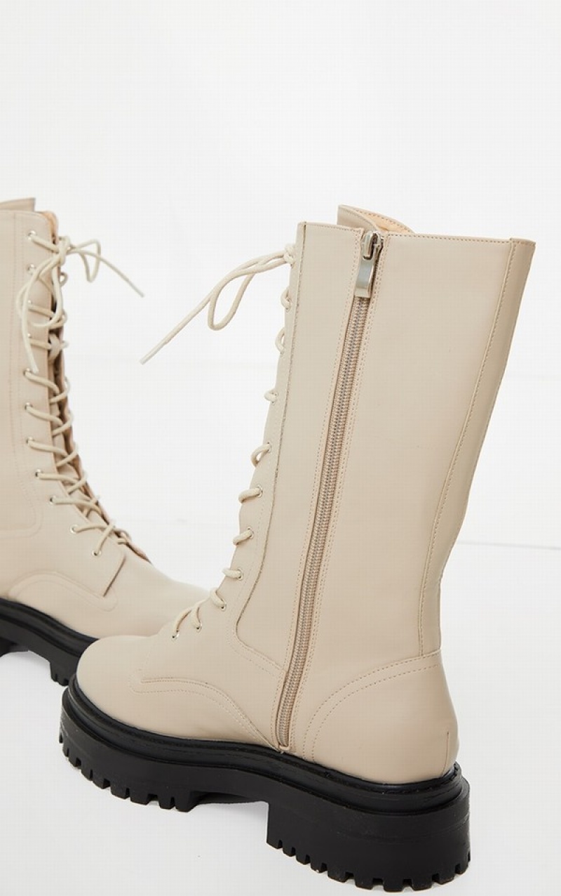 Cream Pretty Little Thing Calf High Lace Up Chunky Biker Boots | TQXYPRH-27