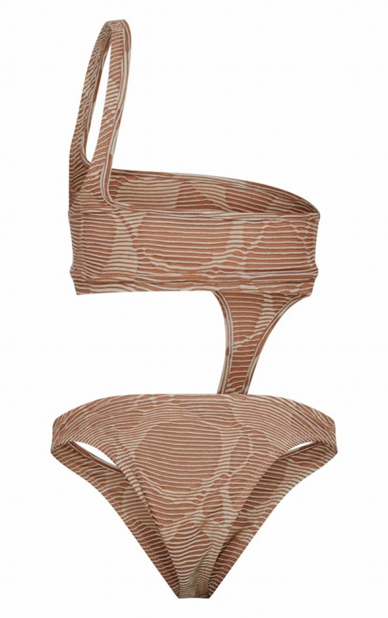 Cream Pretty Little Thing Contrast TextuRib Asymmetric Cut Out Swimsuits | NVKUDAL-78