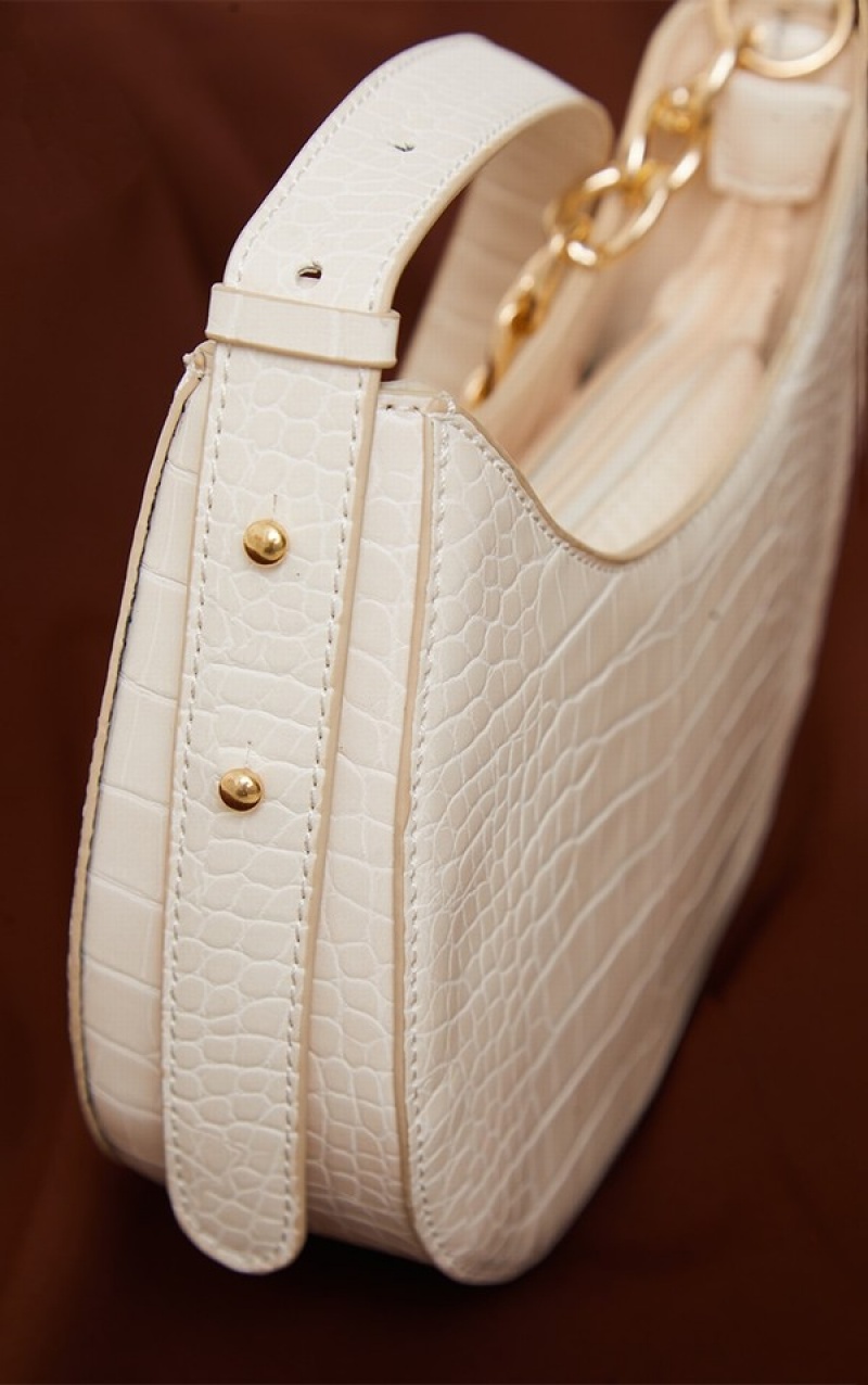 Cream Pretty Little Thing Croc Crescent Mixed Chain Strap Shoulder Bags | HOTWMJG-01