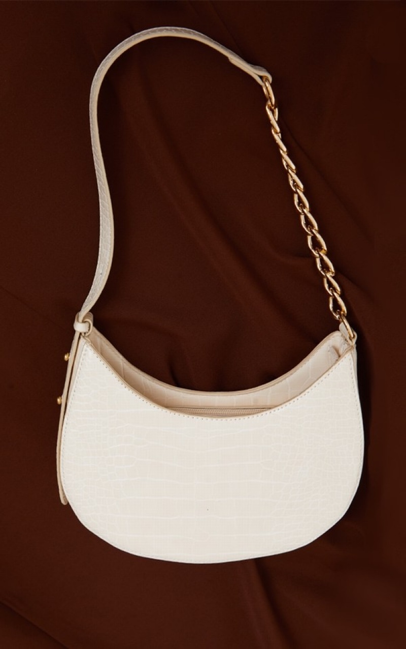 Cream Pretty Little Thing Croc Crescent Mixed Chain Strap Shoulder Bags | HOTWMJG-01