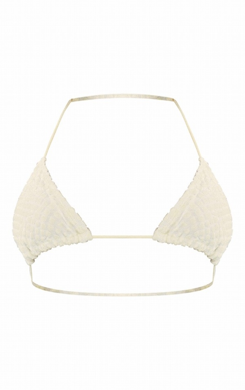 Cream Pretty Little Thing Devore Triangle Bikini Tops | BOTPXRS-40