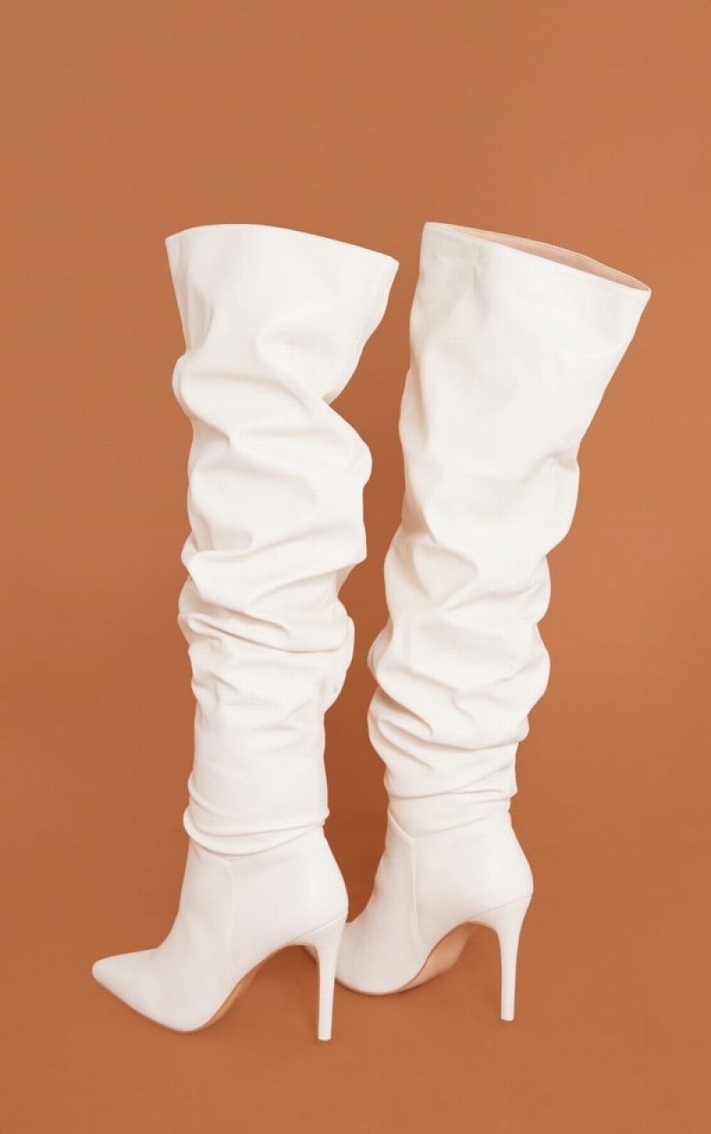 Cream Pretty Little Thing Faux Leather Slouch Over The Knee Boots | YOGLUXN-42