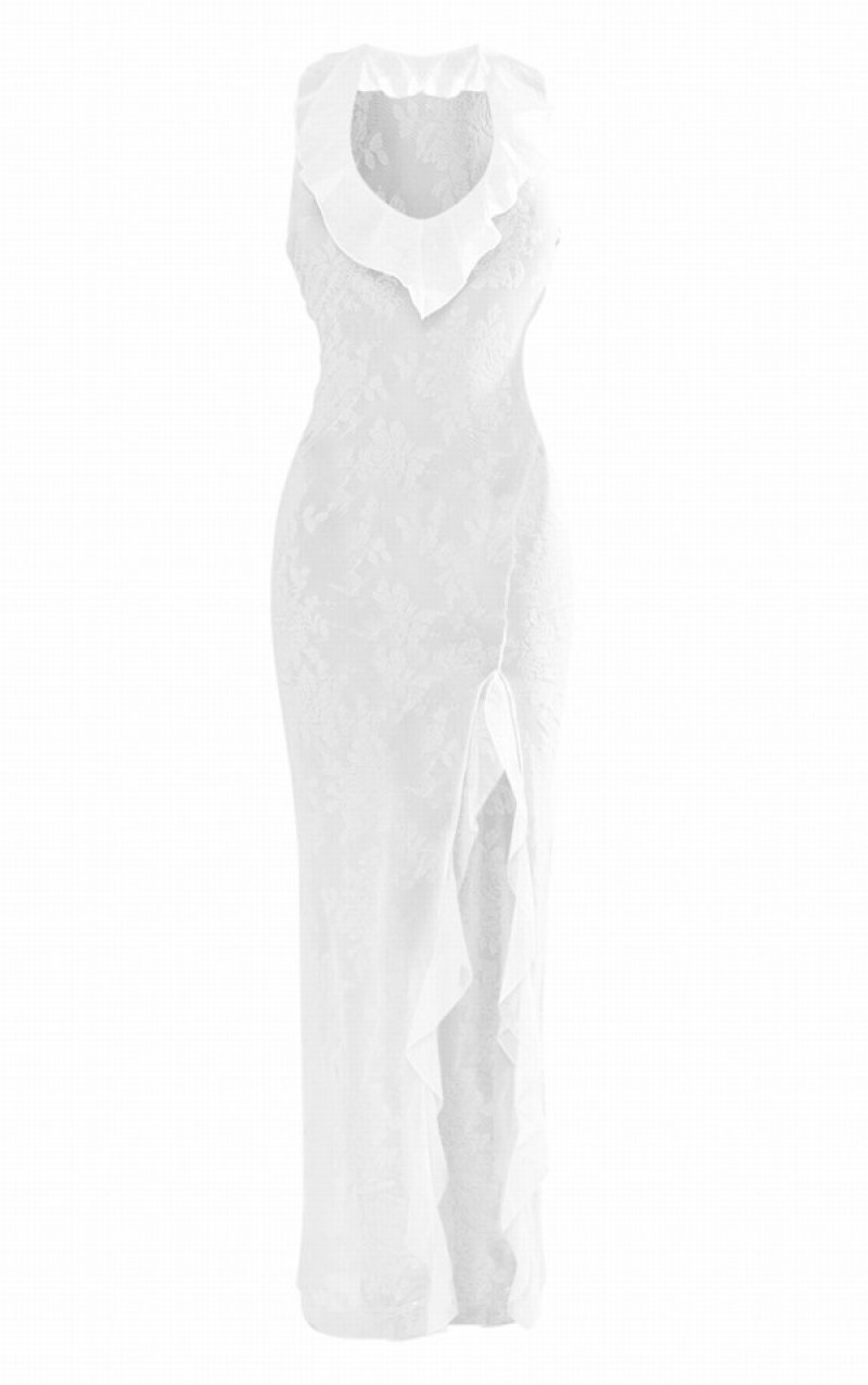 Cream Pretty Little Thing Flocked Halterneck Frill Split Detail Maxi Dresses | GIQOESV-56