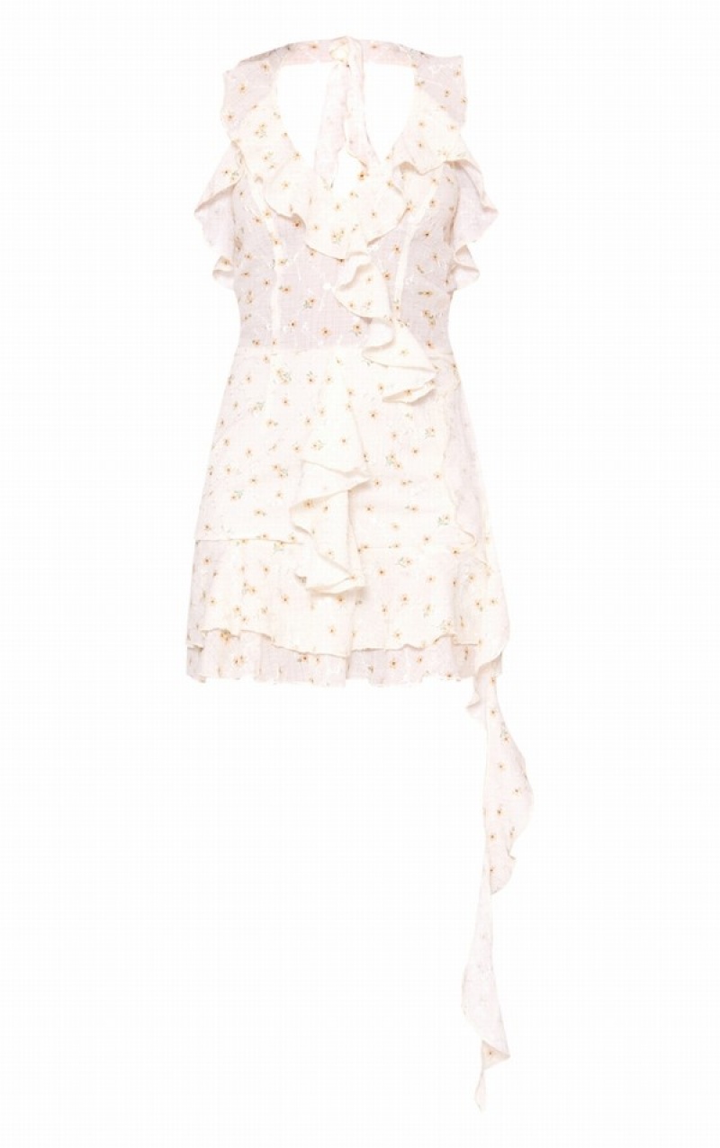 Cream Pretty Little Thing Floral TextuFrill Drape Halterneck Shift Dresses | IAJDPUO-14