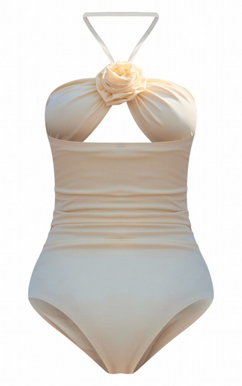 Cream Pretty Little Thing Flower Detail Swimsuits | KCPTHVQ-58