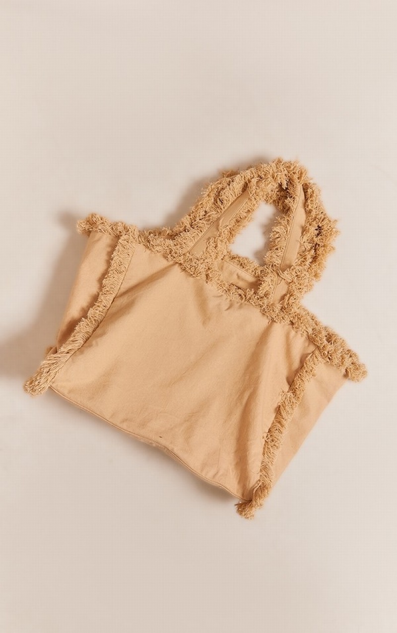 Cream Pretty Little Thing Frayed Oversized Tote Bags | WGZQVFJ-02