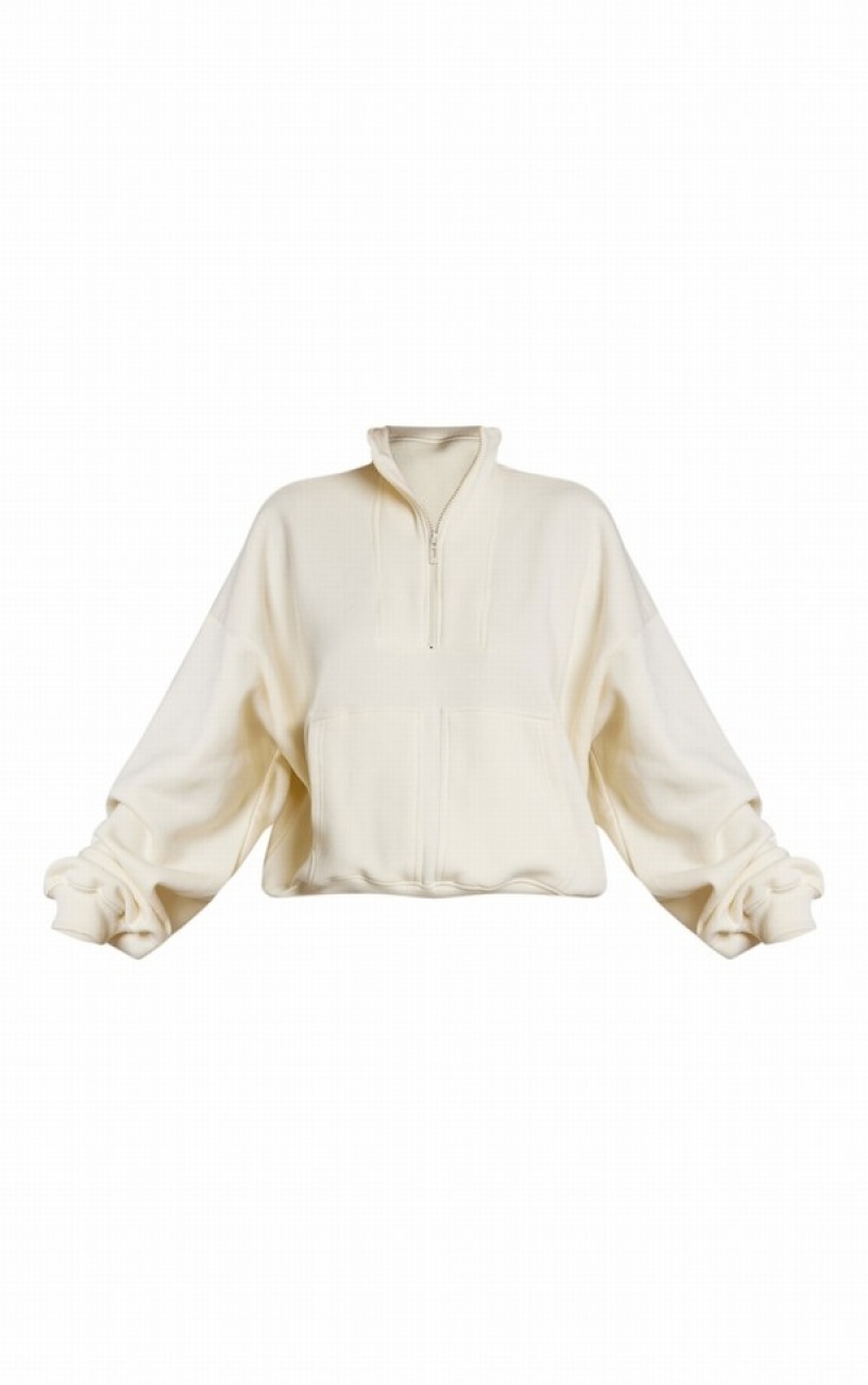 Cream Pretty Little Thing Half Zip Double Pocket Seam Detailer Sweatshirts | DHKYQVJ-76