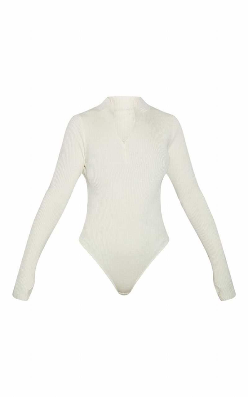 Cream Pretty Little Thing Half Zip Knitted Bodysuits | MZWRJUA-20