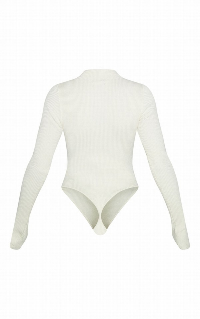 Cream Pretty Little Thing Half Zip Knitted Bodysuits | MZWRJUA-20