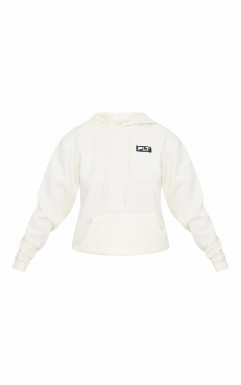 Cream Pretty Little Thing Logo Badge Detail Oversized Hoodie | EKADSQW-28