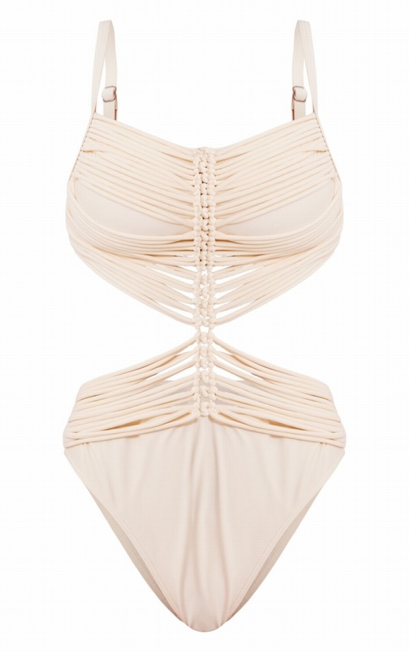 Cream Pretty Little Thing Macrame Ruched Front Cut Out Swimsuits | NKBRIOG-29