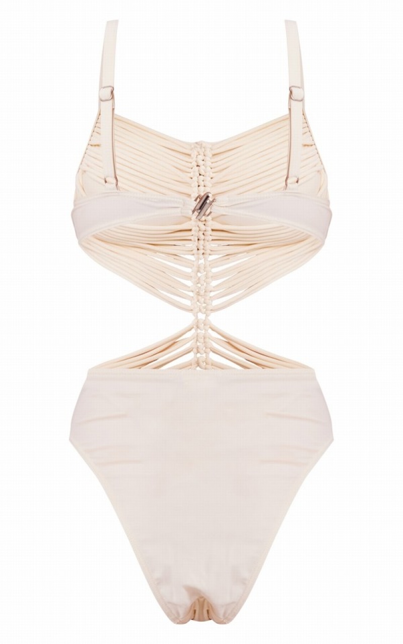 Cream Pretty Little Thing Macrame Ruched Front Cut Out Swimsuits | NKBRIOG-29