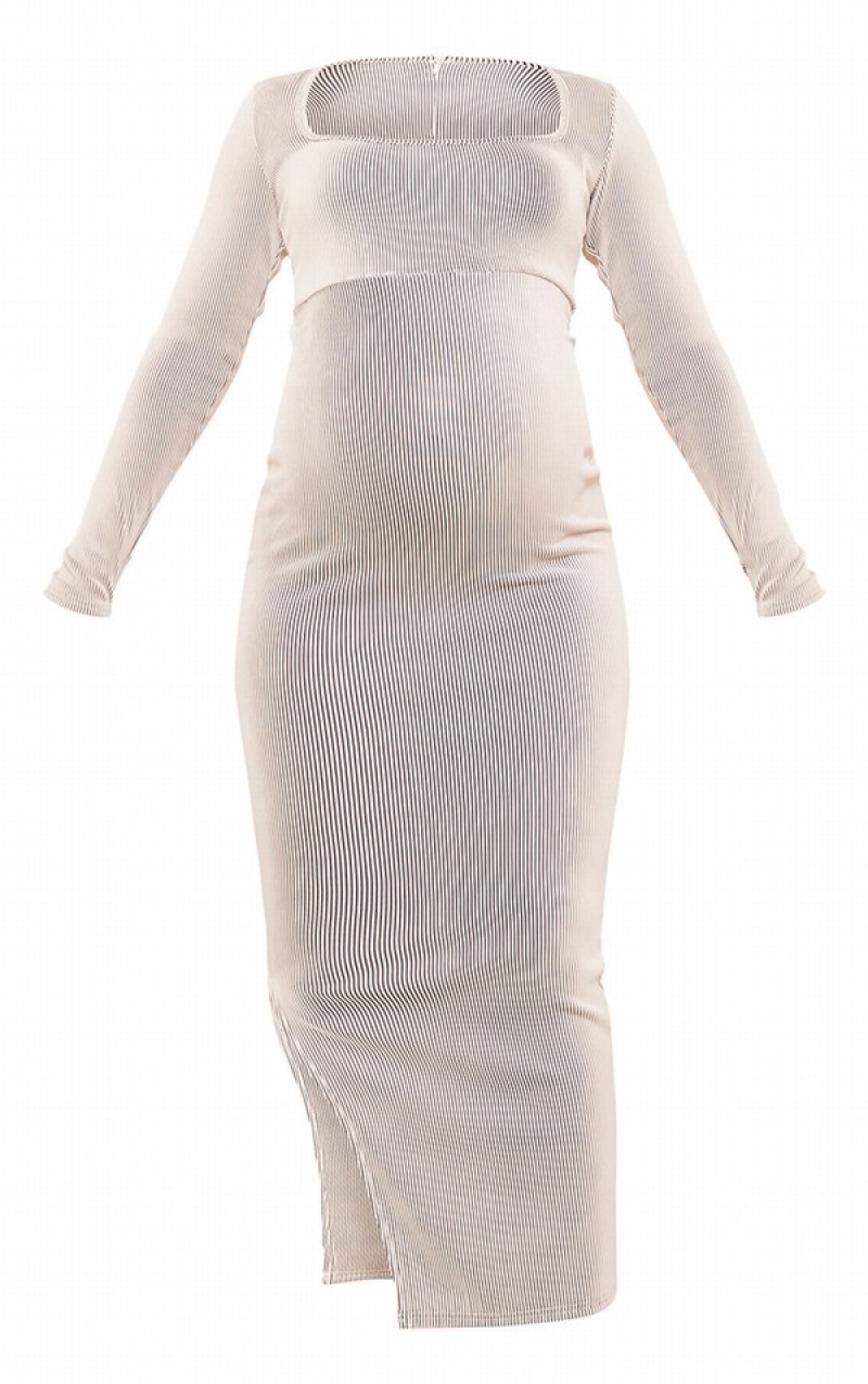 Cream Pretty Little Thing Maternity Ribbed Long Sleeve Side Split Maxi Dresses | BHJOQIP-91