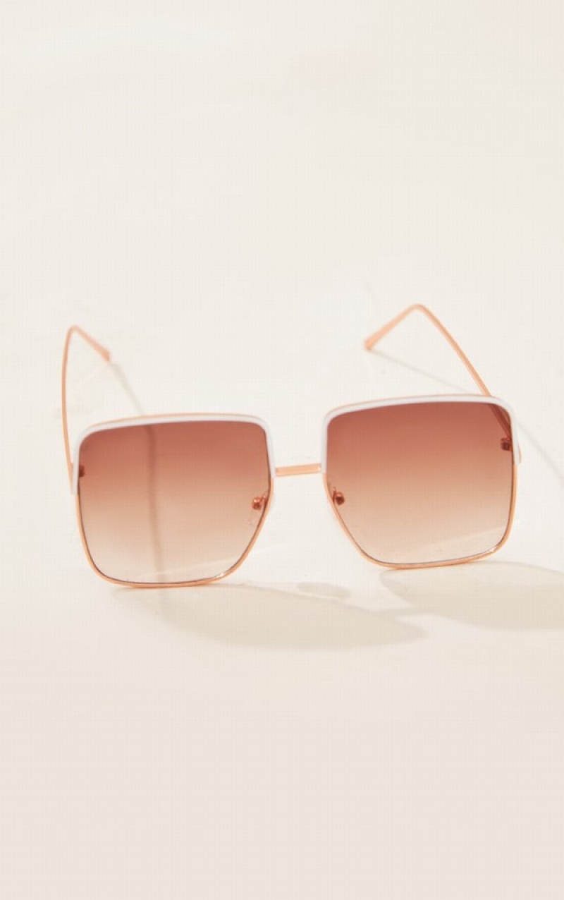 Cream Pretty Little Thing Metal Oversized Square Frame Sunglasses | ANPHOGF-19