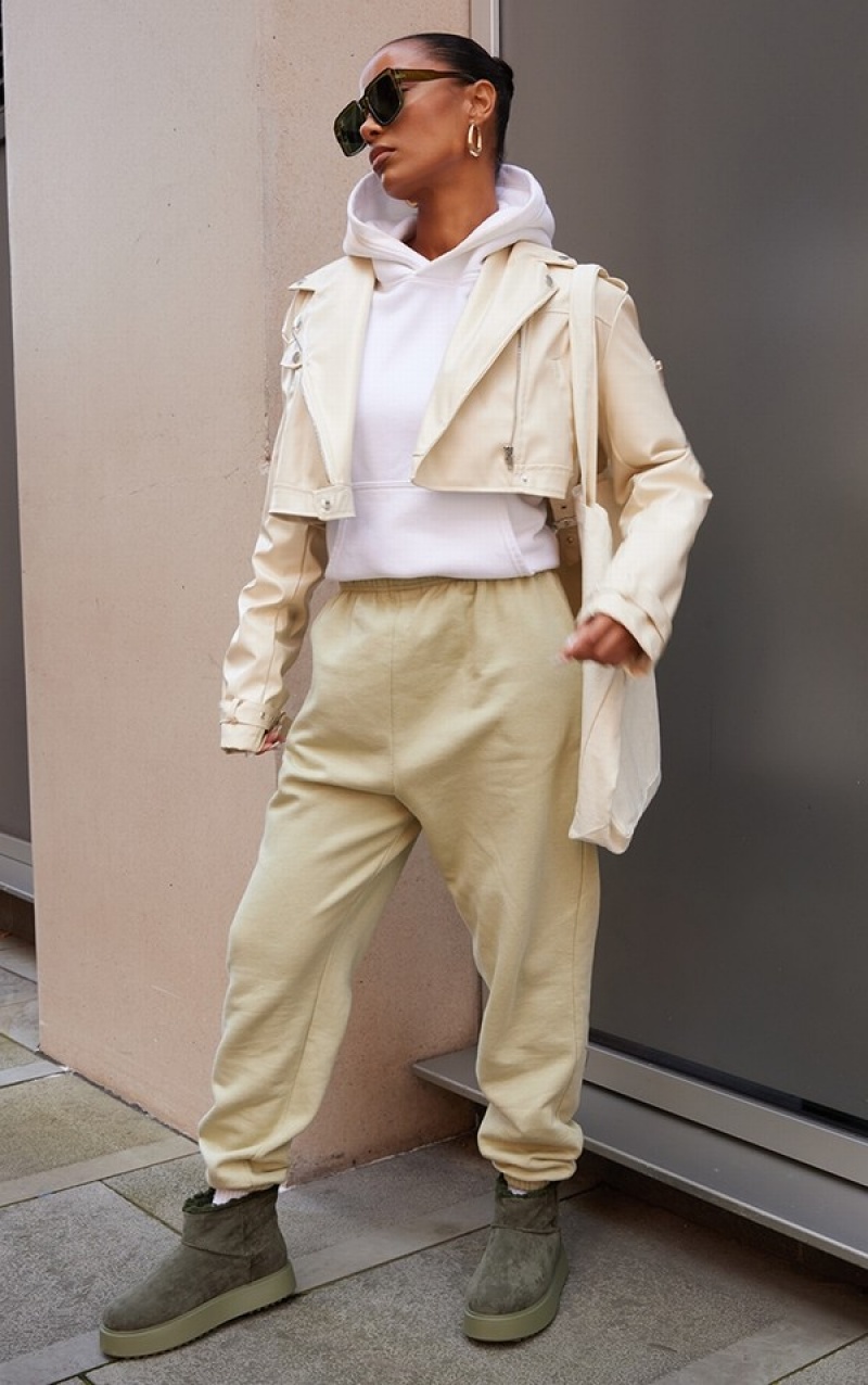 Cream Pretty Little Thing Oversized Cropped Boxy Biker Jackets | KFGHASO-93