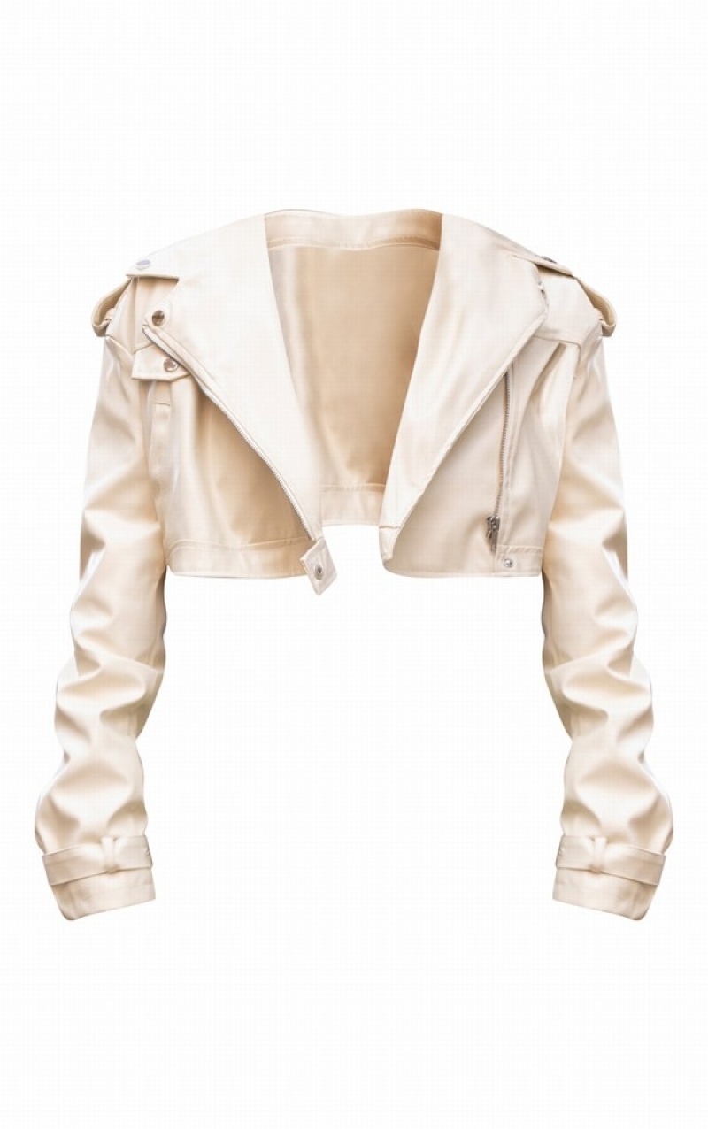 Cream Pretty Little Thing Oversized Cropped Boxy Biker Jackets | KFGHASO-93