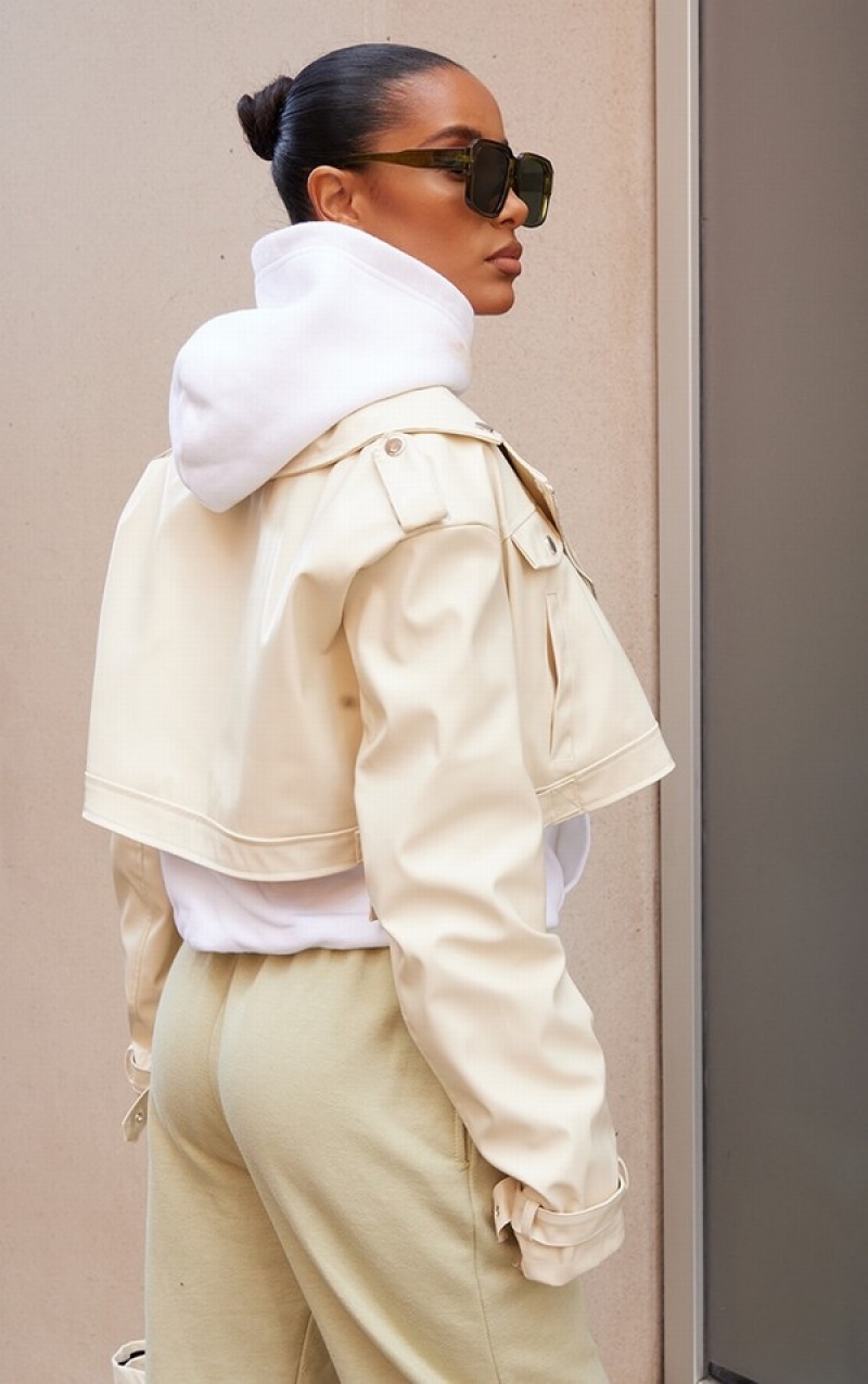 Cream Pretty Little Thing Oversized Cropped Boxy Biker Jackets | KFGHASO-93