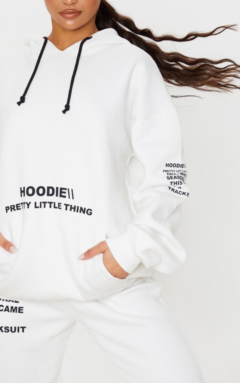 Cream Pretty Little Thing Oversized Graphic Printed Pocket Front Hoodie | ZVJELRT-73