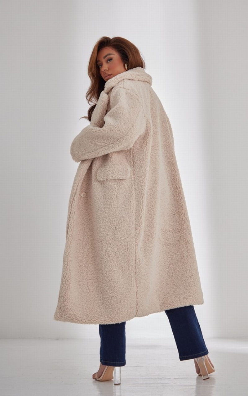 Cream Pretty Little Thing PLT Label Plus Longline Borg Coats | OVHXGAQ-32