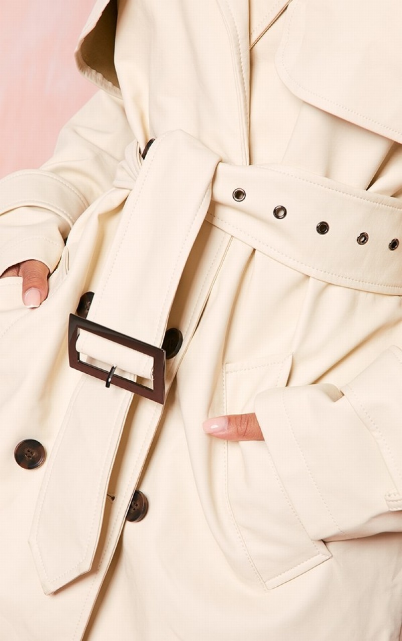 Cream Pretty Little Thing Petite Faux Leather Statement Buckle Trench Coats | HGSQKLB-13