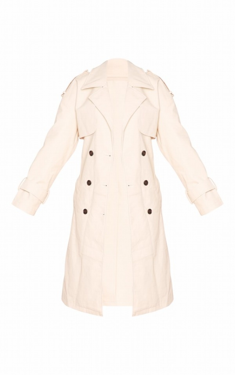 Cream Pretty Little Thing Petite Faux Leather Statement Buckle Trench Coats | HGSQKLB-13