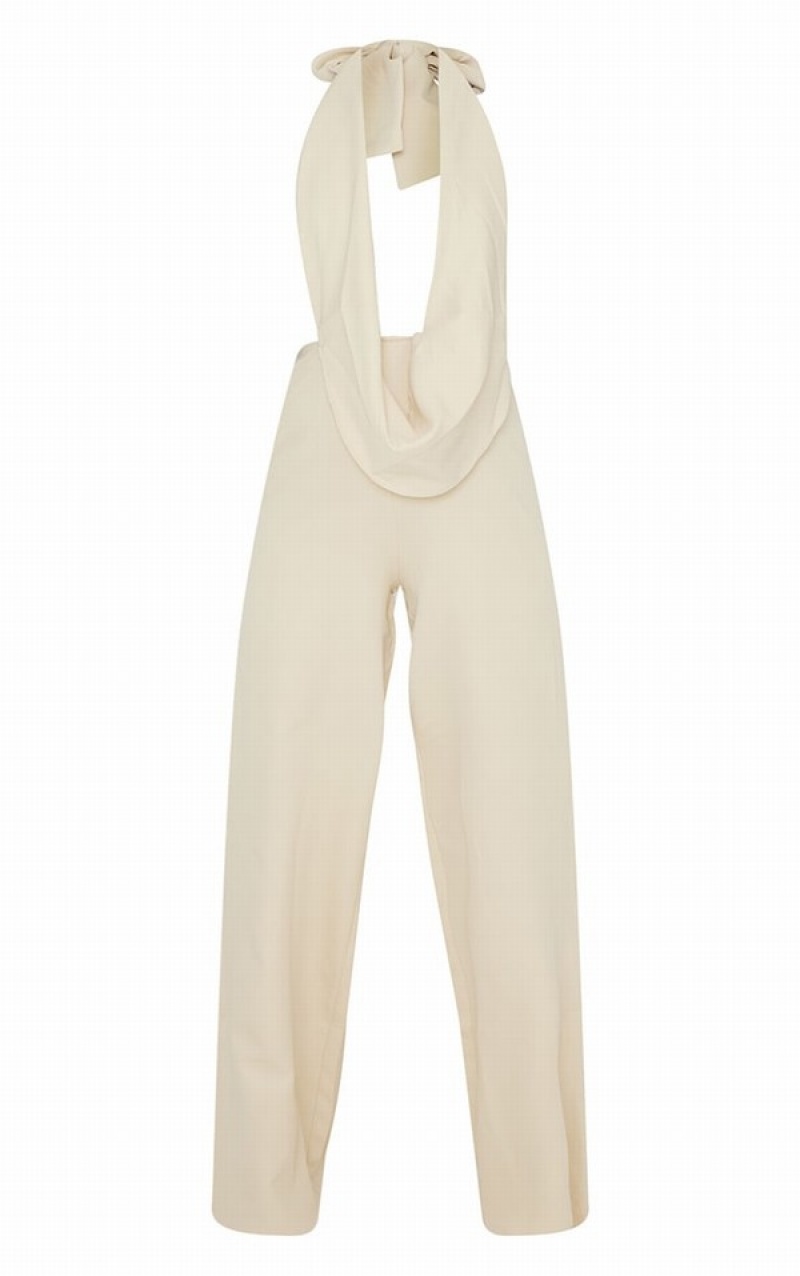 Cream Pretty Little Thing Plunge Cowl Neck Drape Jumpsuits | AHZSUOM-84