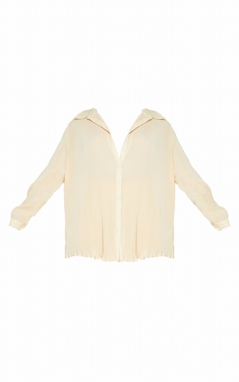 Cream Pretty Little Thing Plus Cream Plisse Button Front Oversized Shirts | UNSMVWE-21