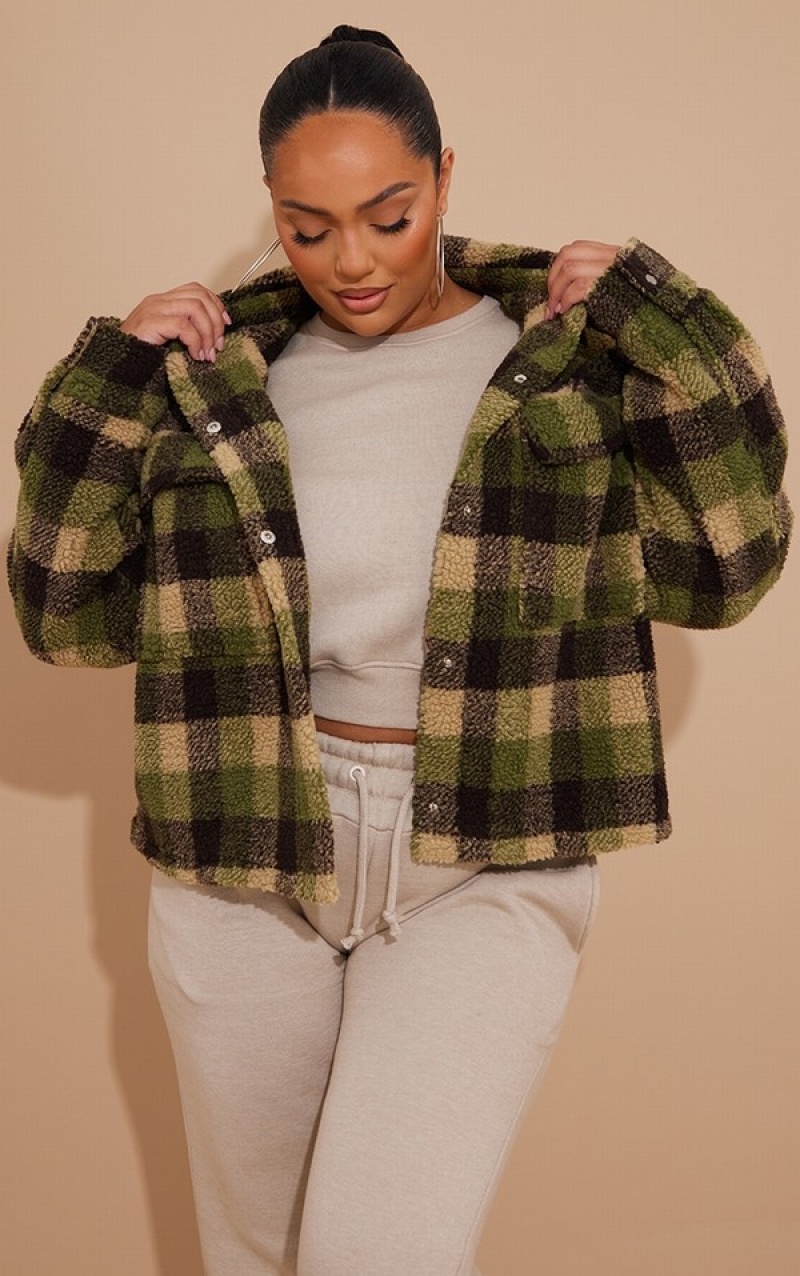 Cream Pretty Little Thing Plus Borg Check Shacket Jackets | LWVNBQM-04