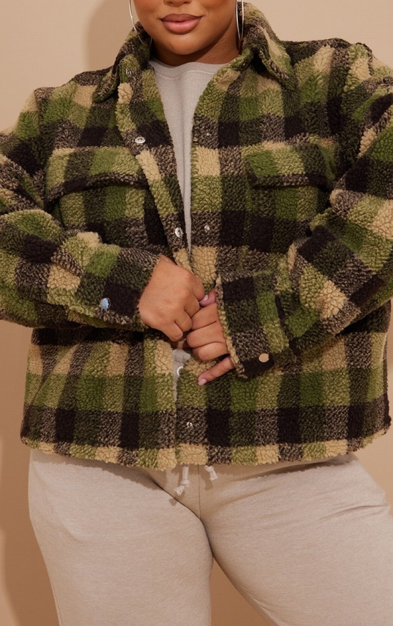 Cream Pretty Little Thing Plus Borg Check Shacket Jackets | LWVNBQM-04