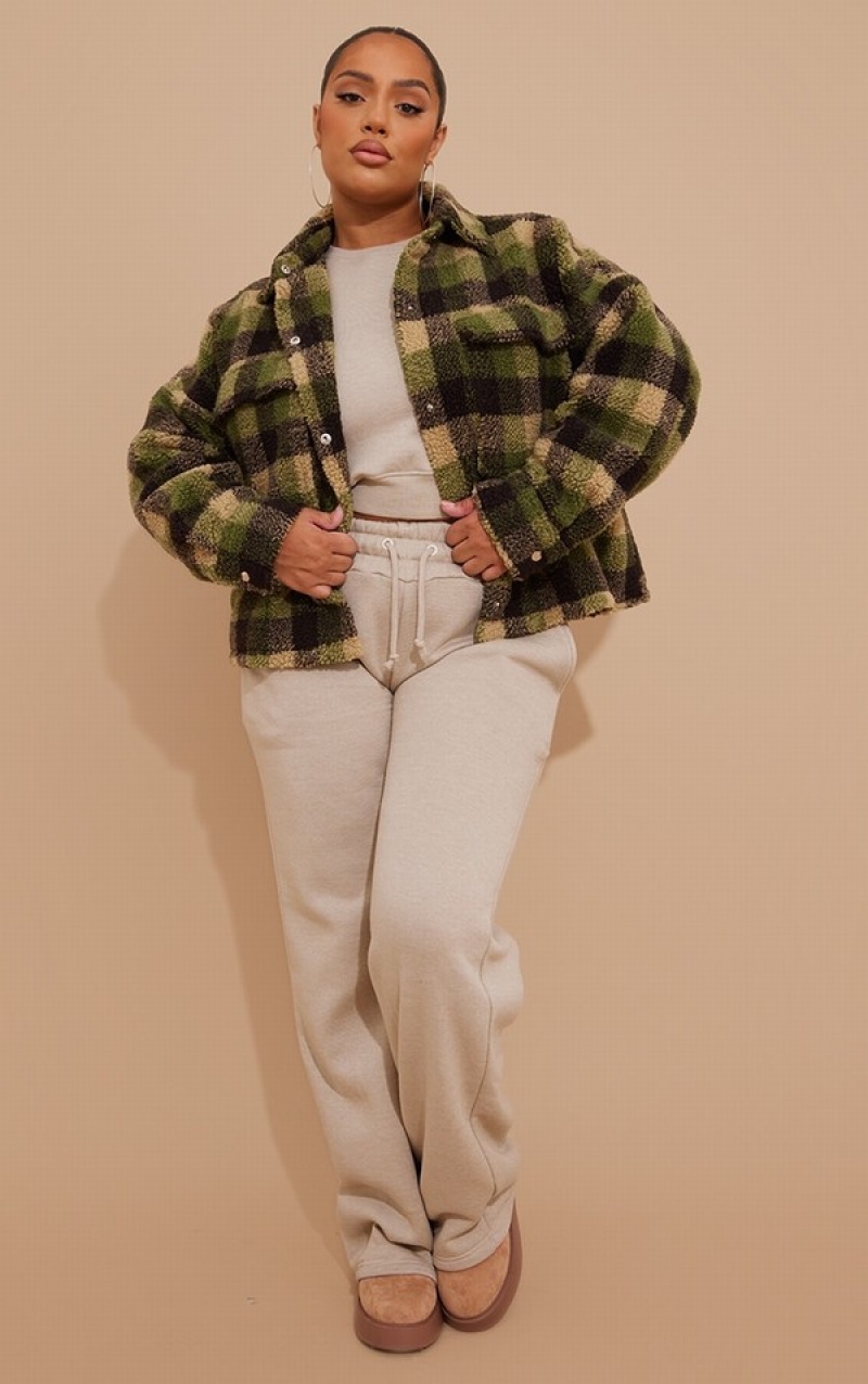 Cream Pretty Little Thing Plus Borg Check Shacket Jackets | LWVNBQM-04