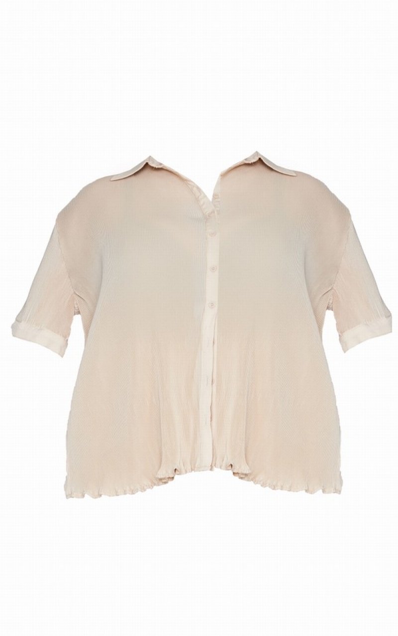 Cream Pretty Little Thing Plus Plisse Sleeve Shirts | GYHPWDR-09