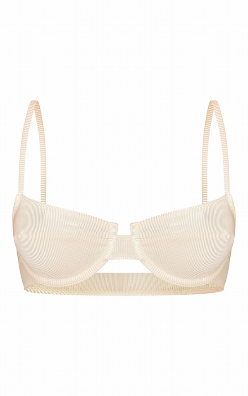 Cream Pretty Little Thing Ribbed Underwired Bikini Tops | UJVZPBA-74