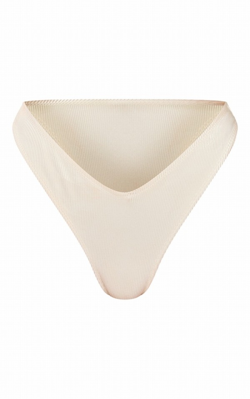 Cream Pretty Little Thing Ribbed V Front Bikini Bottoms | VCXNEDA-21