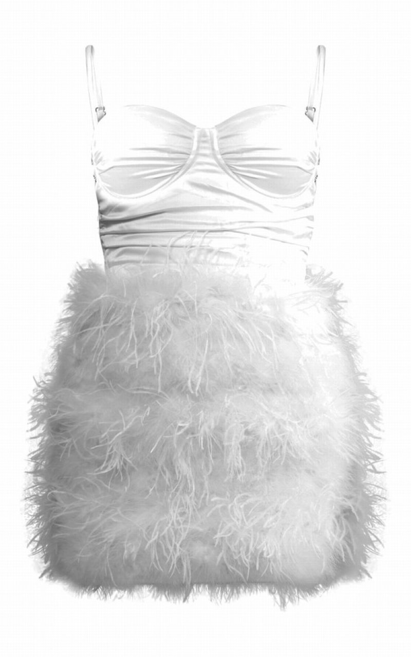 Cream Pretty Little Thing Satin Cup Detail Feather Bodycon Dresses | ZYRBCAQ-41