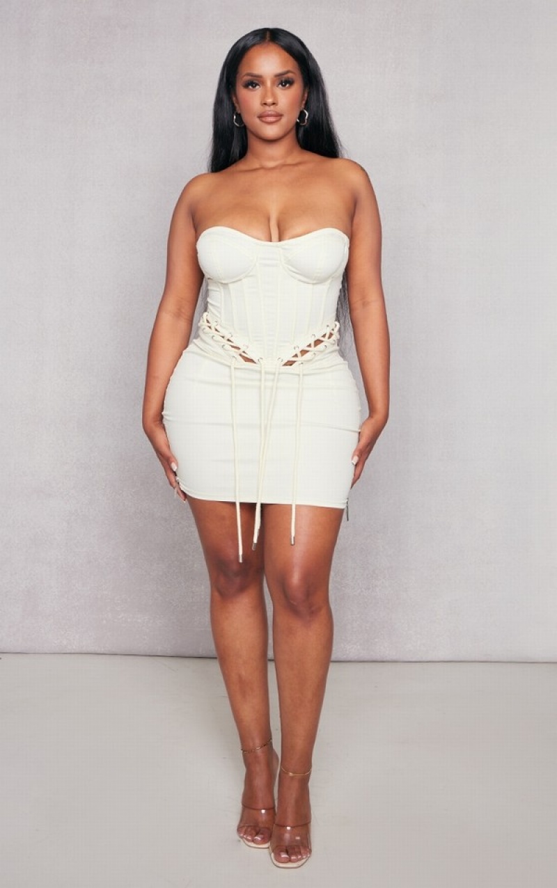 Cream Pretty Little Thing Shape Look Rope Detail Lace Up Corset Bodycon Dresses | CJDKXUS-87