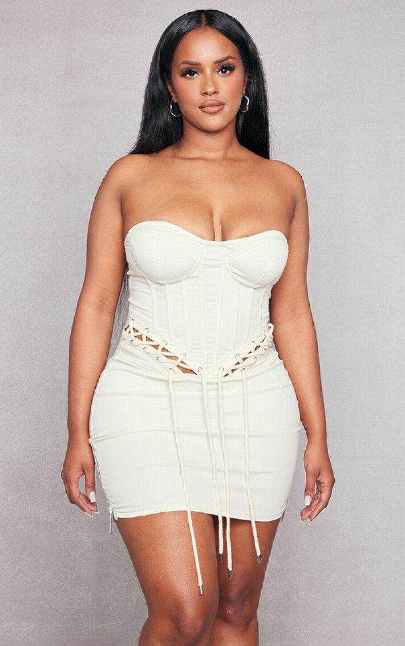 Cream Pretty Little Thing Shape Look Rope Detail Lace Up Corset Bodycon Dresses | CJDKXUS-87