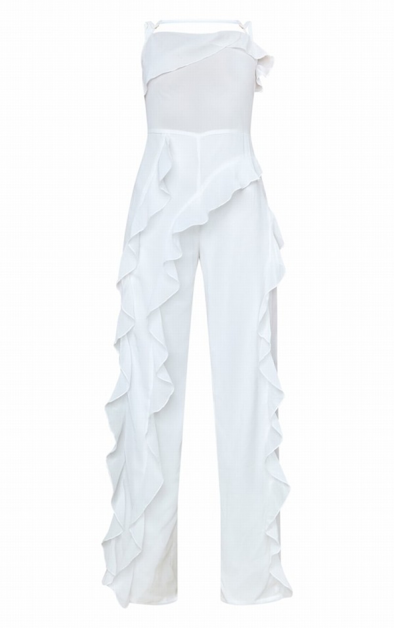 Cream Pretty Little Thing Sheer Chiffon Strap Detail Frill Jumpsuits | HCAGUZR-07