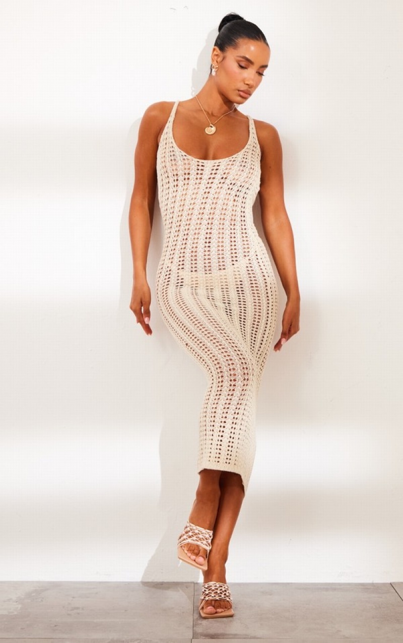 Cream Pretty Little Thing Strappy Crochet Maxi Dresses | ZUBWJND-79