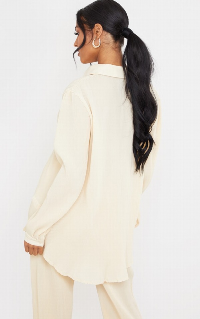 Cream Pretty Little Thing Tall Plisse Oversized Cuff Detail Shirts | GWPJDFE-59