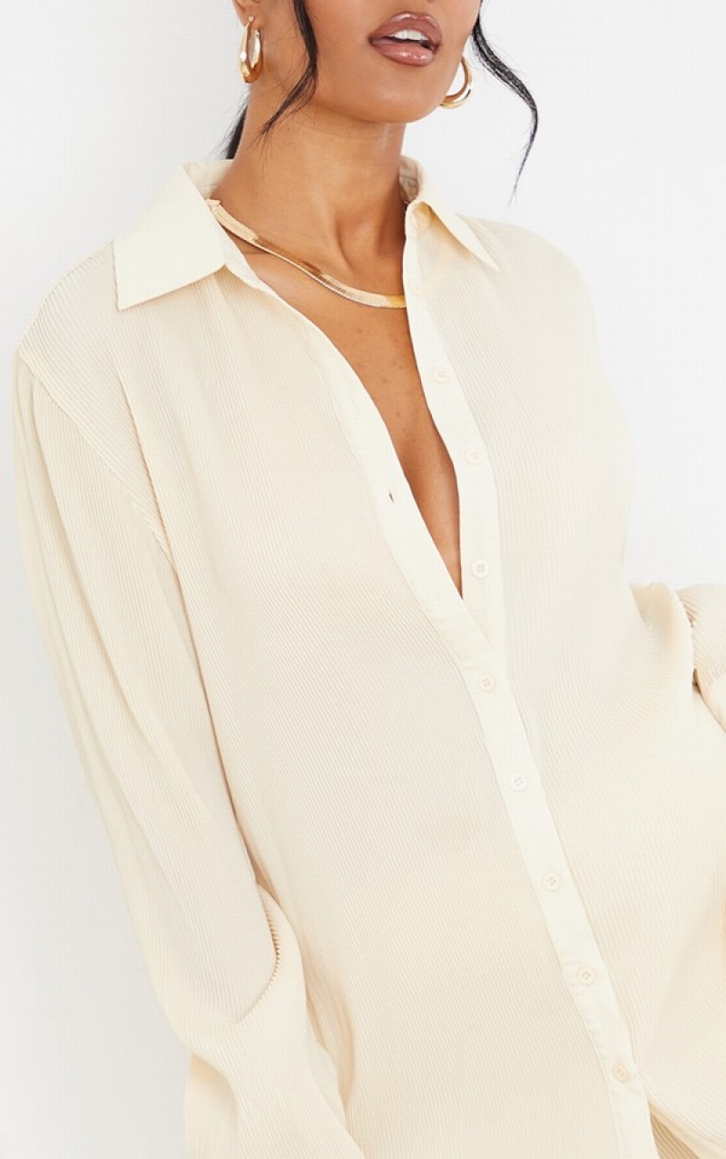 Cream Pretty Little Thing Tall Plisse Oversized Cuff Detail Shirts | GWPJDFE-59