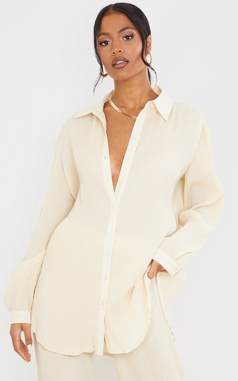 Cream Pretty Little Thing Tall Plisse Oversized Cuff Detail Shirts | GWPJDFE-59