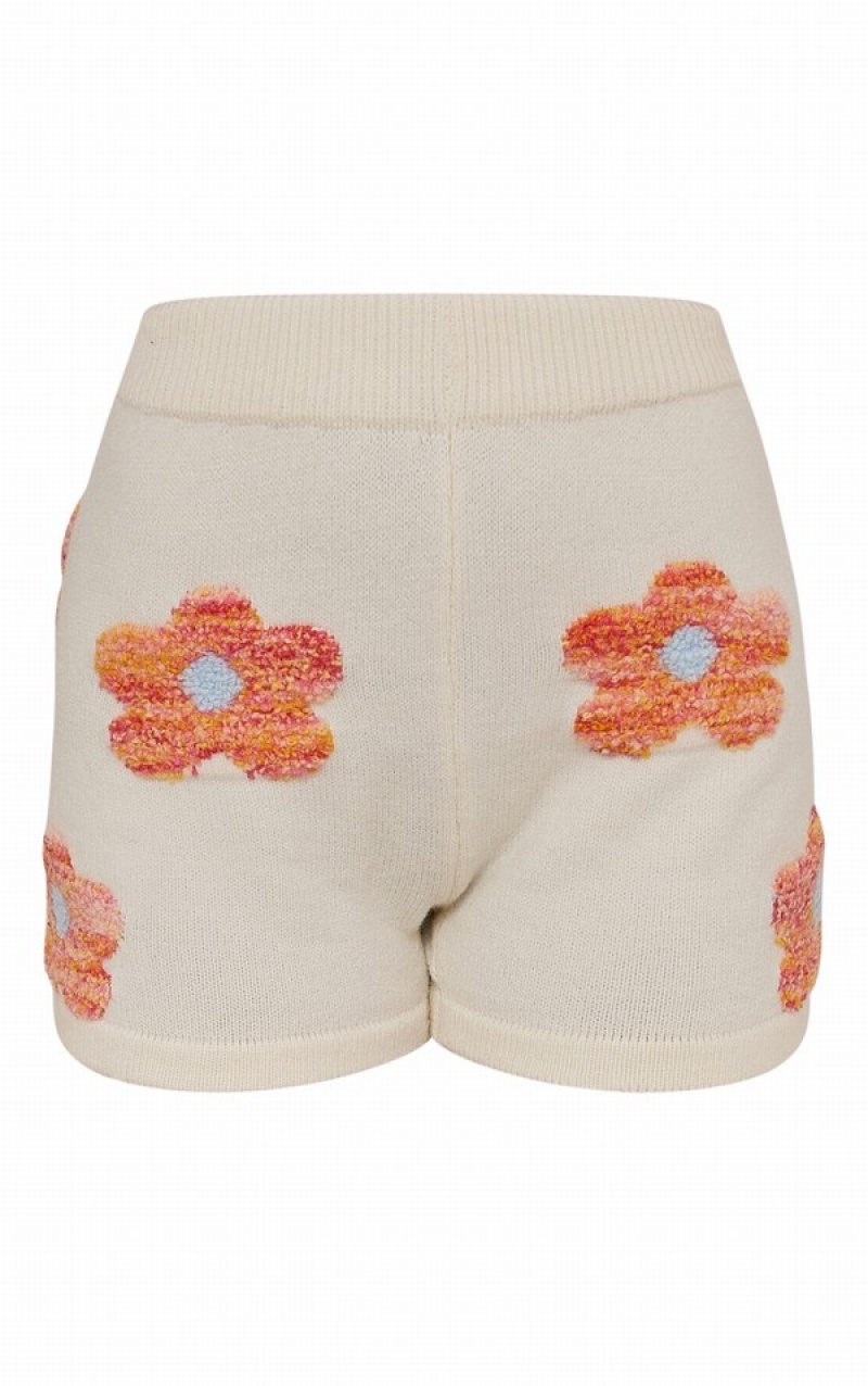 Cream Pretty Little Thing TextuFlower Knitted Shorts | CSGOBET-72